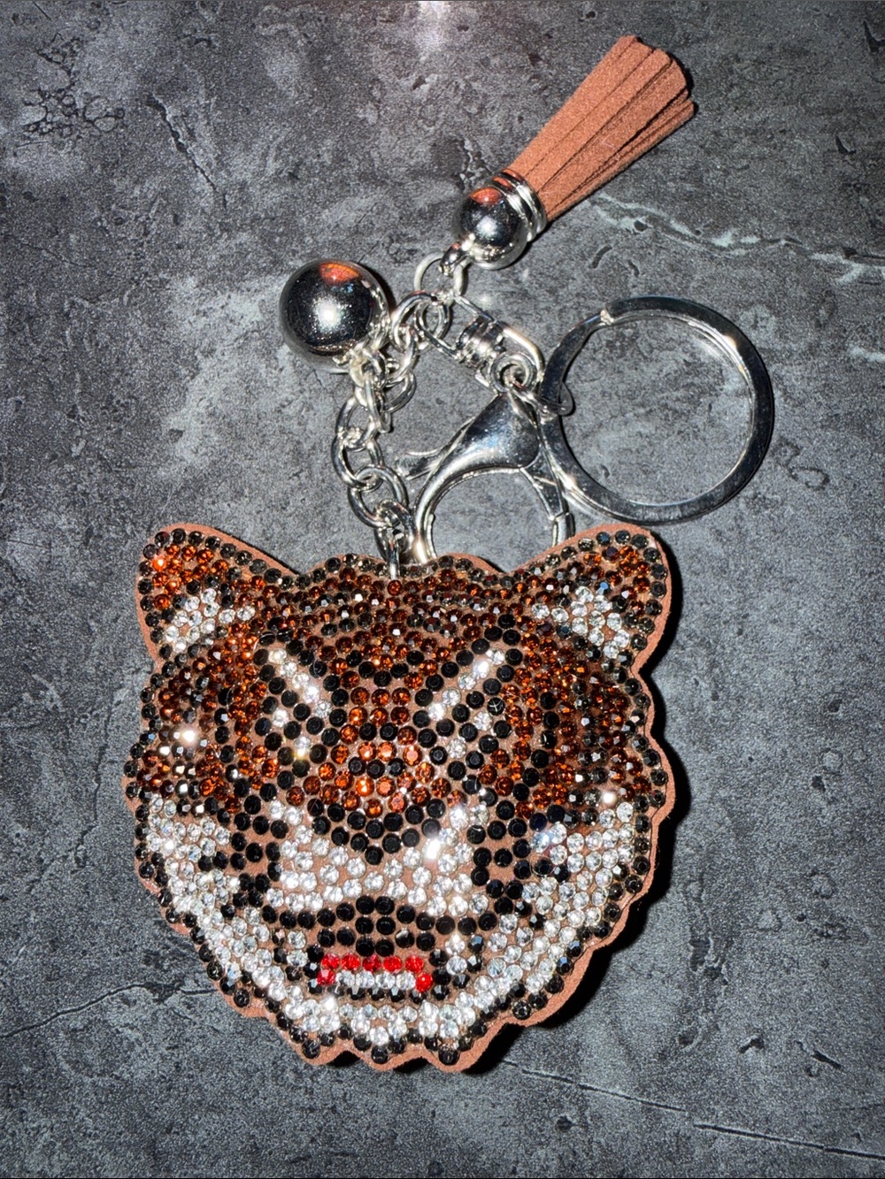Crystal Tiger Face Keychain with Brown Tassel -